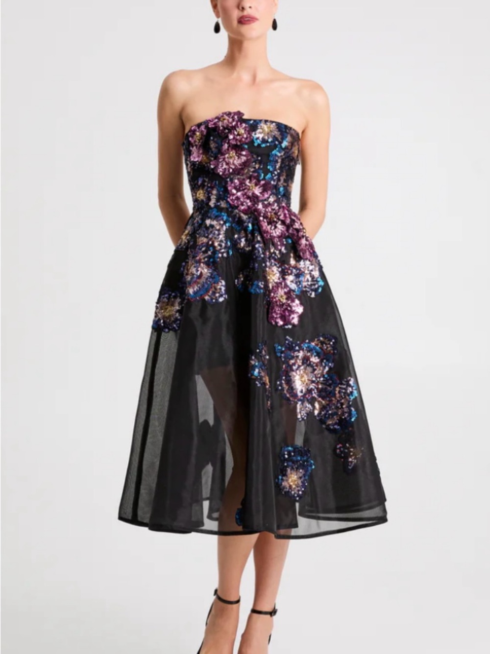 Helsi Valeria Strapless Black 3D Floral Sequin Midi Dress